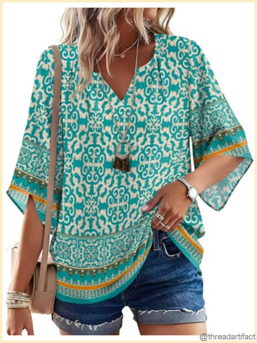 Womens Boho Tunic Top 3/4 Sleeve V Neck Loose Fit Casual Blouse